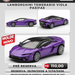 Arte de pré-reserva do Lamborghini Temerario Viola Pasifae Mini GT, roxo, com três vistas e prazos de reserva e entrega